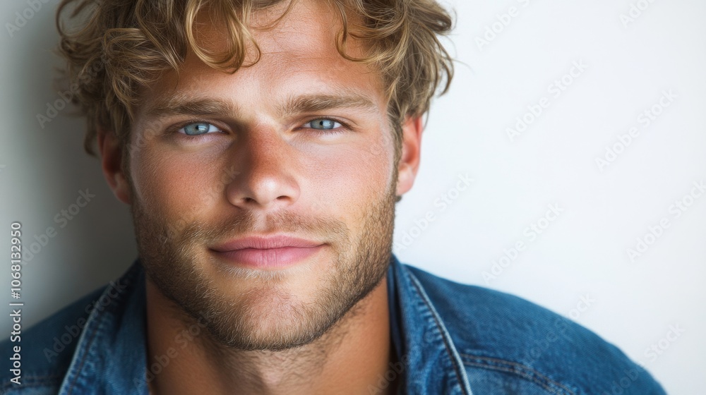 Obraz premium Handsome Man Portrait Blue Eyes Curly Hair Denim Jacket