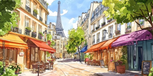 Fototapeta Naklejka Na Ścianę i Meble -  A colorful drawing showing charming streets in Paris.