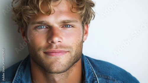 Handsome Man Portrait Blue Eyes Curly Hair Denim Jacket