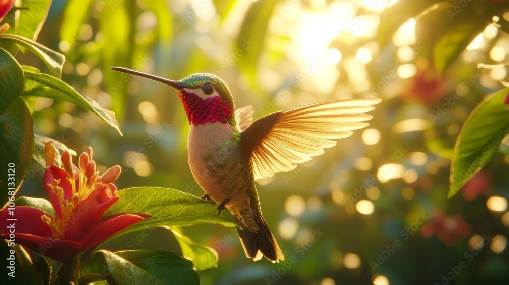 Obraz premium Hummingbird in Flight Tropical Garden Sunrise Wildlife Photography