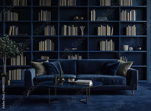 Sophisticated interior with dark blue bookshelves, a midnight blue sofa, and a sleek table on navy carpet.