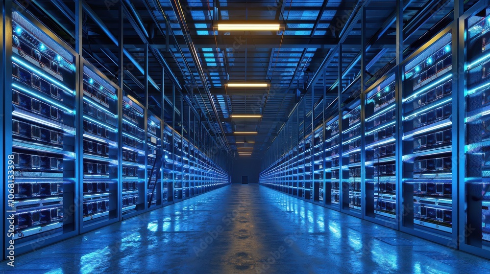 Futuristic data center with glowing servers illustrating advanced data processing technology and digital innovation Futuristic data center with glowing servers illustrating advanced data processing technology and digital innovation