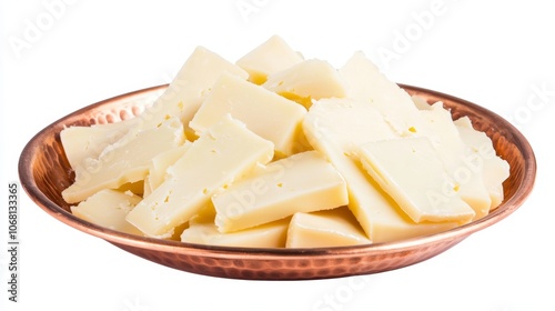 Fresh cheese or kashkaval in a copper plate fresh cheddar cheese isolated on white background close up photo