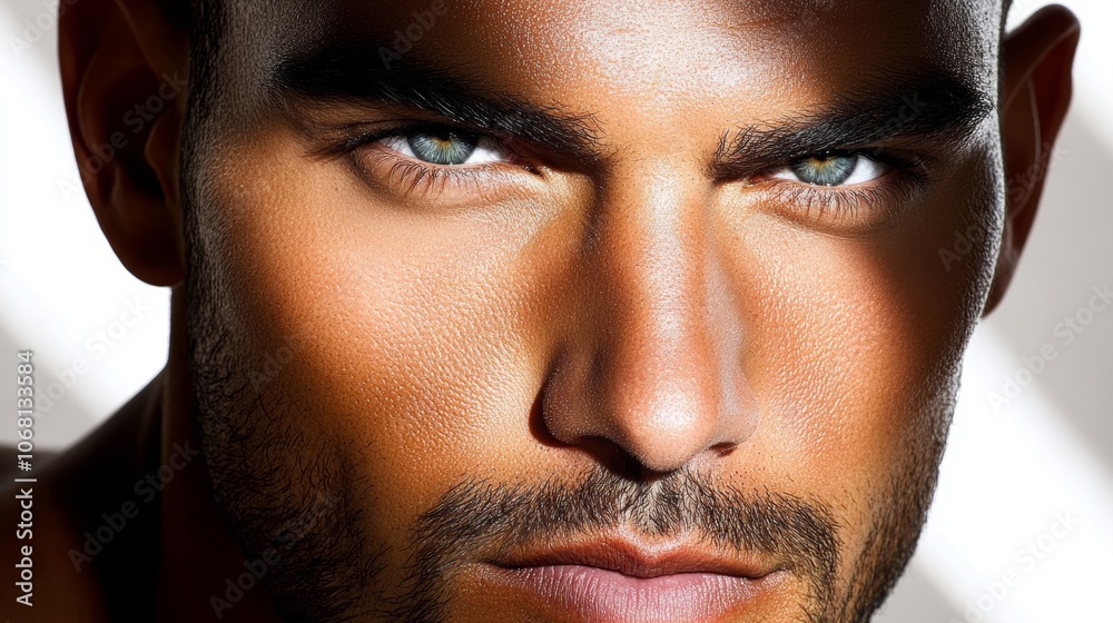 Intense Male Gaze Close up Portrait Dramatic Lighting Brown Skin Blue Eyes Intense Male Gaze Close up Portrait Dramatic Lighting Brown Skin Blue Eyes