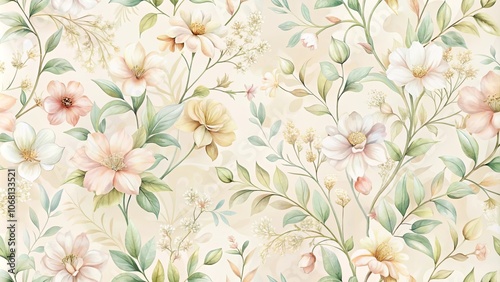 Wallpaper Mural A delicate watercolor floral pattern with soft pastel tones of blush, cream, and green, featuring intricate details of blooming flowers, delicate leaves, and subtle textures. Torontodigital.ca