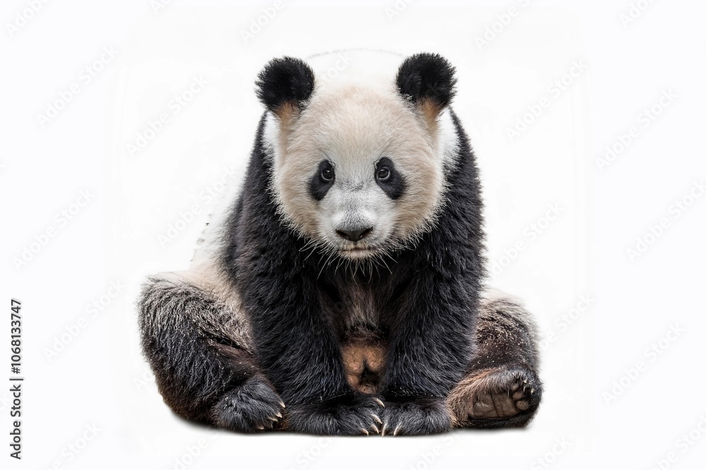 Fototapeta premium Cute baby giant panda (Ailuropoda melanoleuca) isolated on white background, also known as the panda bear or simply panda, is a bear species endemic to China.