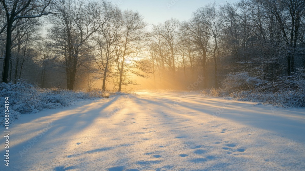 Magical Winter Sunrise in Snowy Forest Tree Shadows Cold Season Magical Winter Sunrise in Snowy Forest Tree Shadows Cold Season