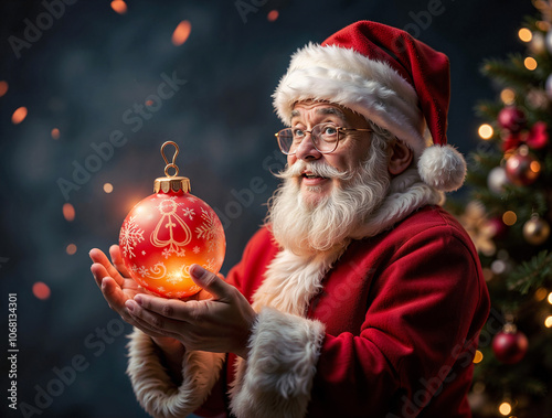 Cheerful Sanata with glowing christmas ball. Generative AI photo