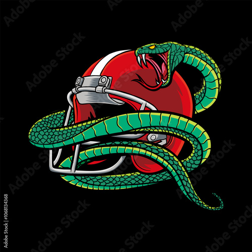 Colored illustration of an American football helmet wrapped around a snake