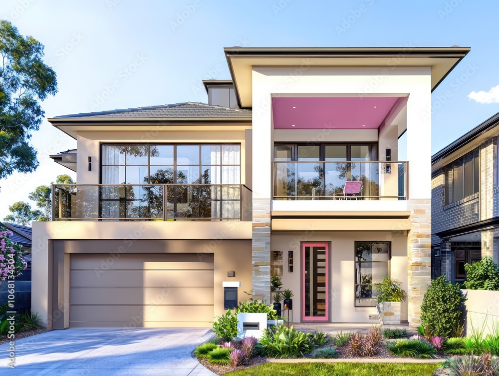 Fototapeta premium Modern Sydney home with attached garage, beige and pink design accents.