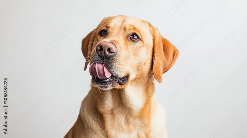 Adorable labrador retriever dog looking forward and licking nose while sitting in front of white background Adorable labrador retriever dog looking forward and licking nose while sitting in front of white background