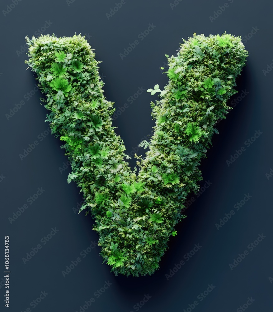 English letter V of the latin alphabet made from green stabilized moss isolated on grey background. Capital letters made from green moss or grass. Eco nature design element