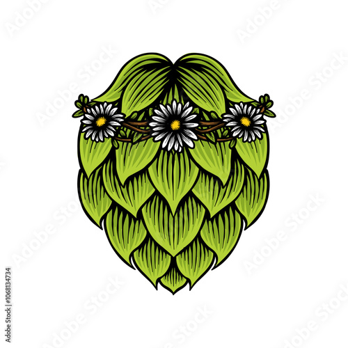 colored illustration of green hops combined with a flower crown