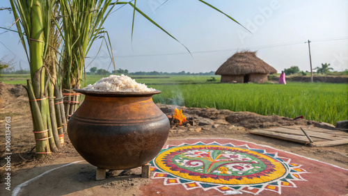 Happy Pongal south Indian festival village background with sugarcane and decorative pot photo