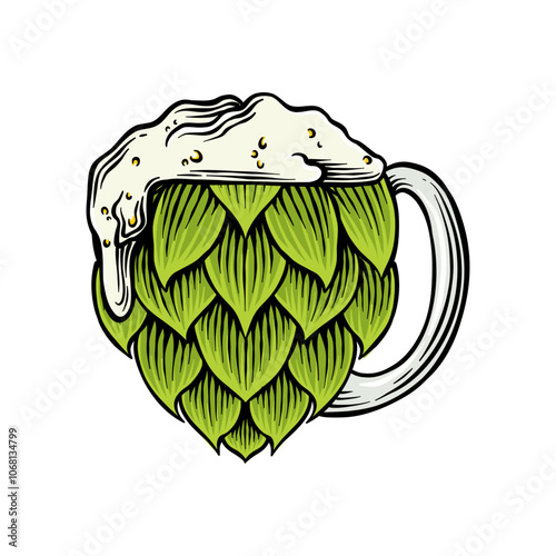 colored illustration of green hops combined with a glass of beer