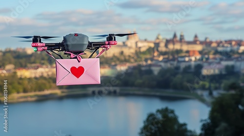 Drone carrying a pink letter with a red heart and bow flying over a lake and city in the background photo