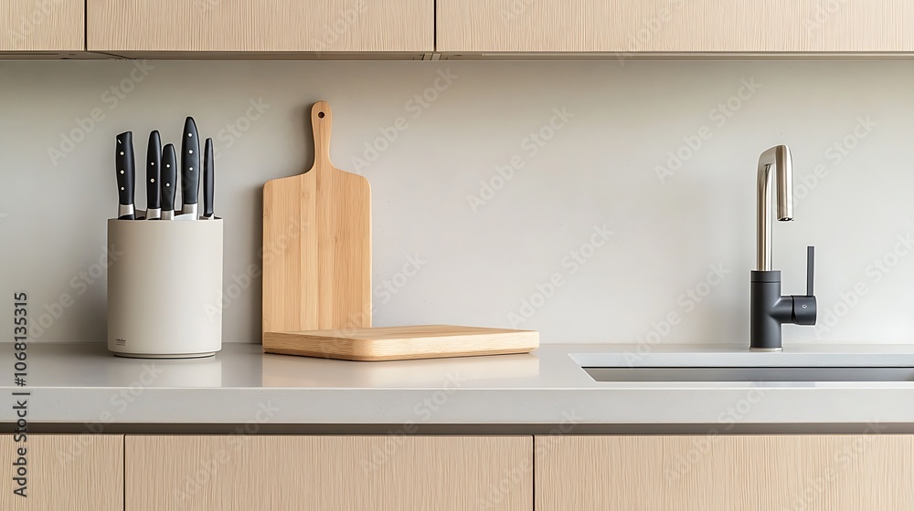 Stylish home kitchen interior with sink and stove, kitchenware. Empty space Stylish home kitchen interior with sink and stove, kitchenware. Empty space