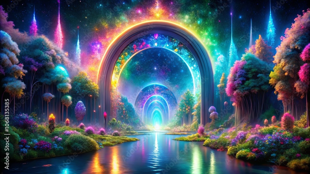 A Serene Pathway Through a Dreamlike Forest Leading to a Celestial Gateway Surrounded by Vibrant Blooms and a Glowing River Reflecting the Cosmic Landscape