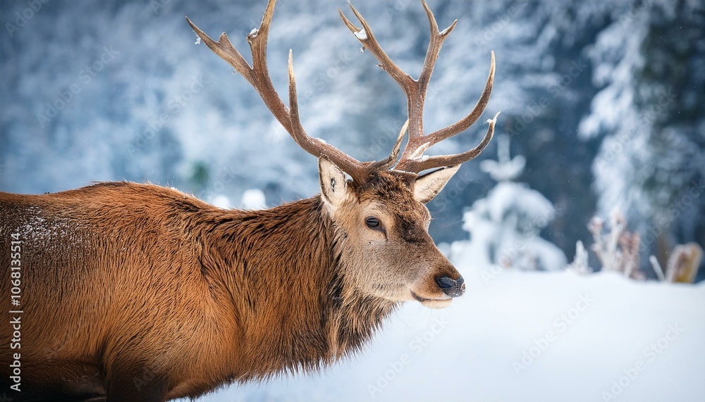 Grace in the Snow: Red Deer with Antlers in a Serene Winter Landscape Grace in the Snow: Red Deer with Antlers in a Serene Winter Landscape