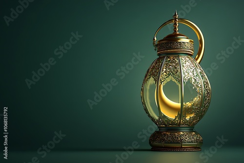 3D render of an intricately designed Ramadan lantern, illuminated with warm golden light, casting intricate shadows on the dark background. The lantern is adorned in rich green and gold colors, featur photo