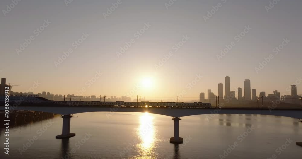 Sunrise Over Han River with Subway Crossing Dangsan Railway Bridge, Seoul Aerial View Sunrise Over Han River with Subway Crossing Dangsan Railway Bridge, Seoul Aerial View