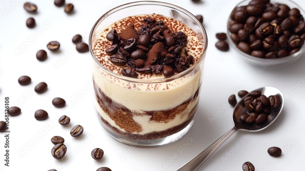 Delicious tiramisu in glass coffee beans and spoon on white table top view Delicious tiramisu in glass coffee beans and spoon on white table top view