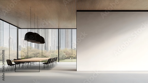 Fototapeta Naklejka Na Ścianę i Meble -   Office interior with meeting table and chairs, ceo desk near window. Mockup wall 