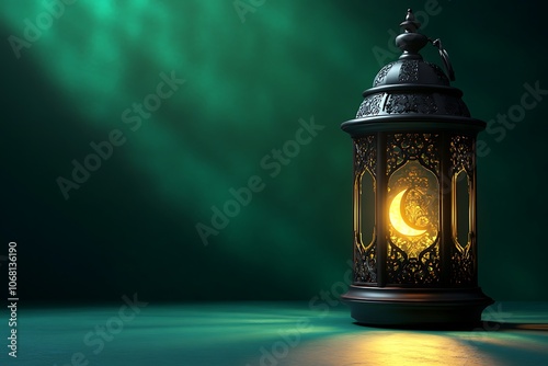 3D render of an intricately designed Ramadan lantern, illuminated with warm golden light, casting intricate shadows on the dark background. The lantern is adorned in rich green and gold colors, featur photo