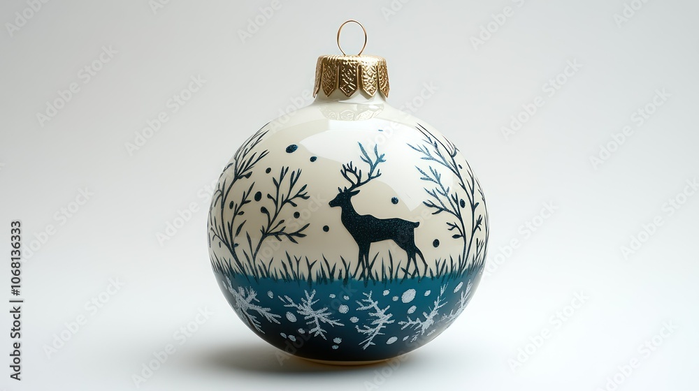 A detailed Christmas tree bauble with intricate reindeer patterns, standing out on a plain white background. A detailed Christmas tree bauble with intricate reindeer patterns, standing out on a plain white background.
