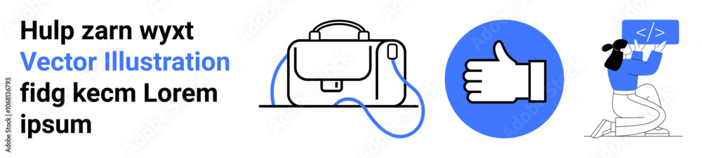 Business text, briefcase, thumbs up icon, person coding at desk. Ideal for business, presentation, marketing, workflow, project management, education training Landing page Business text, briefcase, thumbs up icon, person coding at desk. Ideal for business, presentation, marketing, workflow, project management, education training Landing page