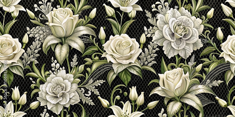 Aromatic Floral Tapestry with Delicate White Blooms and Lush Green Foliage Against a Black Background Aromatic Floral Tapestry with Delicate White Blooms and Lush Green Foliage Against a Black Background