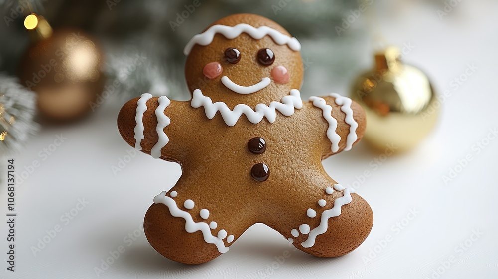 A detailed gingerbread man-shaped Christmas ornament with icing details, isolated on white. A detailed gingerbread man-shaped Christmas ornament with icing details, isolated on white.