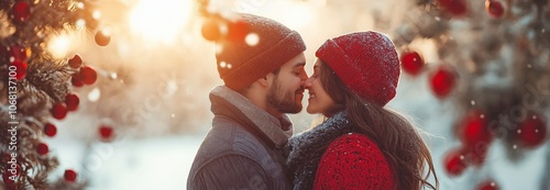 Kissing beneath a mistletoe vine, a young couple