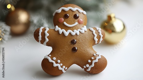 A detailed gingerbread man-shaped Christmas ornament with icing details, isolated on white.