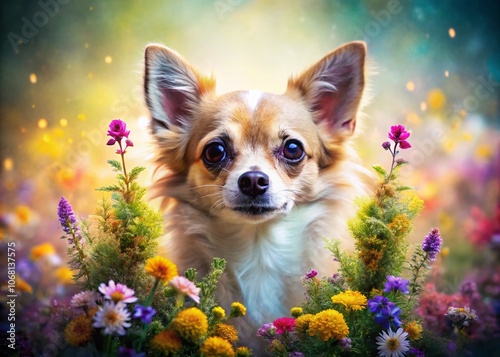 Adorable Double Exposure Photography of a Cute Chihuahua Blending with a Lush Nature Scene, Evoking Joy and Serenity in a Unique Artistic Style