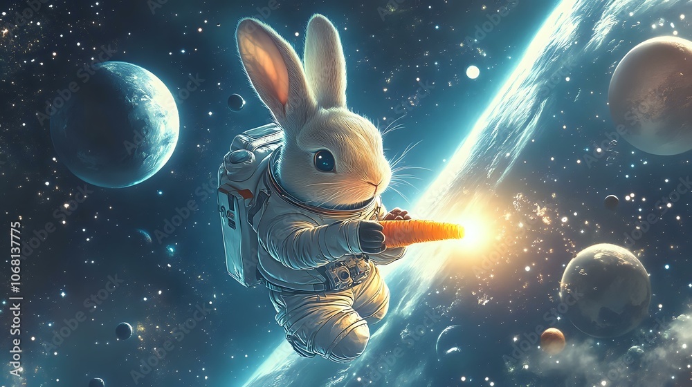Naklejka premium A rabbit in a spacesuit floating in zero gravity, holding a glowing carrot, with planets and stars in the background, in a space-themed style