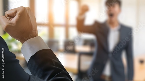 Tense confrontation between two men in a professional office setting. Concept of workplace conflict, aggression, tension.
