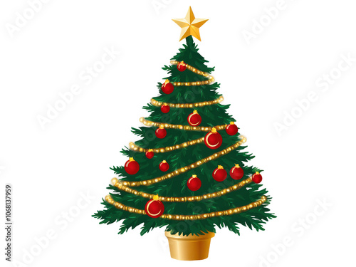 Christmas tree decorated with festive ornaments on transparent or white background photo