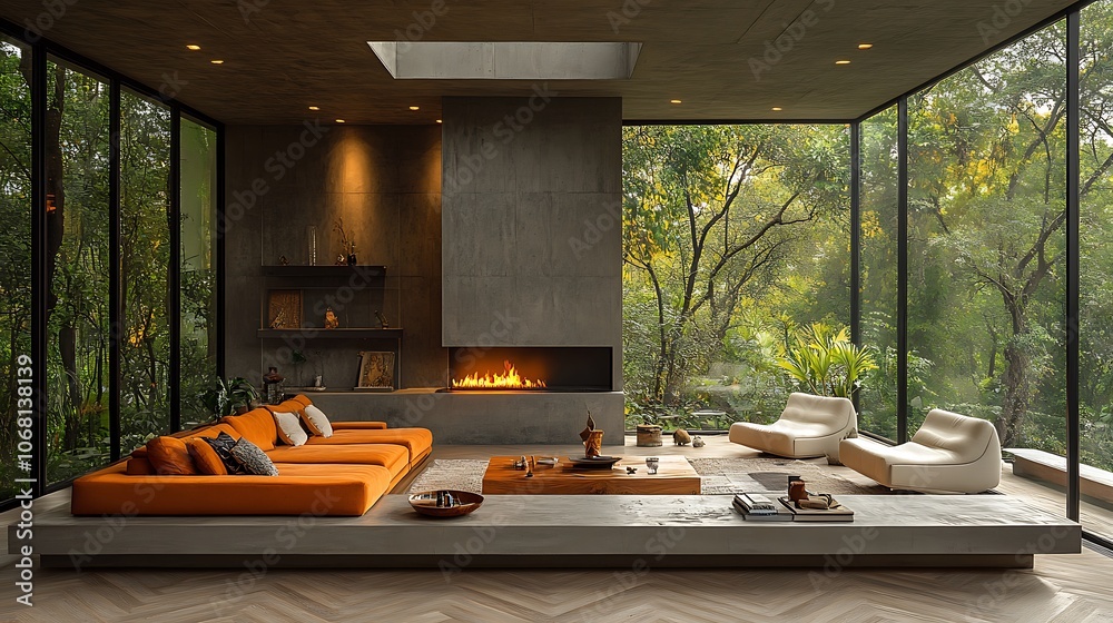 Fototapeta premium Home interior with sofa and armchairs coffee table and fireplace near window 