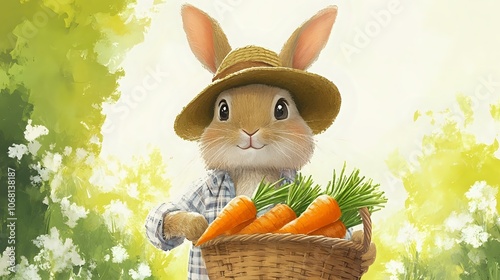 A rabbit wearing a farmera??s hat, holding a basket full of freshly harvested carrots, in a cheerful childrena??s book illustration style photo