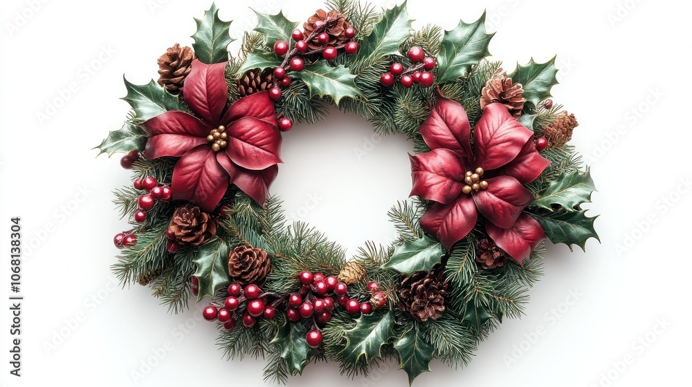A detailed red and green Christmas wreath with holly, berries, and a bow, floating on a white background. A detailed red and green Christmas wreath with holly, berries, and a bow, floating on a white background.