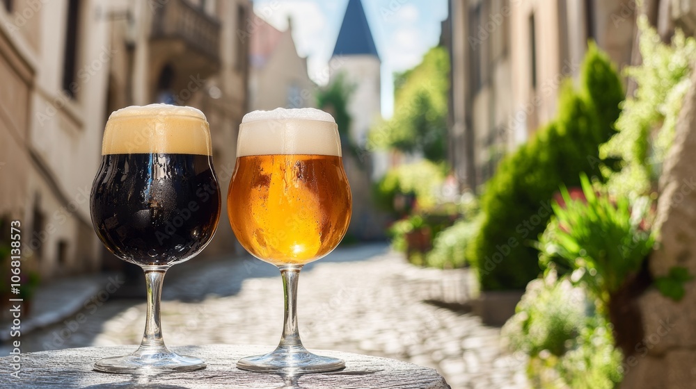 Two glasses of beer light and dark cold drink on a old european city blurred background historic buildings cobblestone streets and greenery relaxed outdoor tourist cafe colored beer