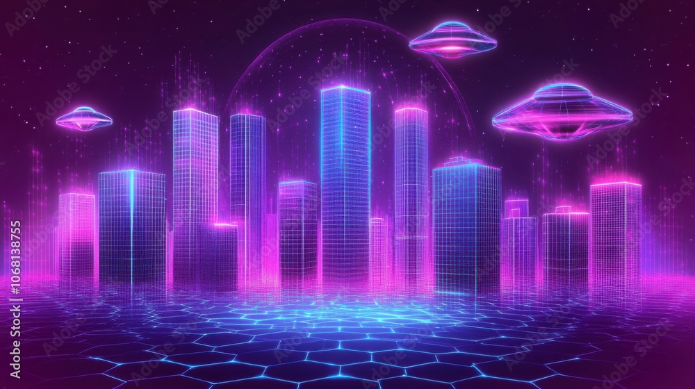 Futuristic Neon Cityscape with Skyscrapers and UFOs