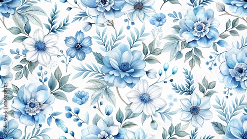 Whimsical Watercolor Floral Pattern with Delicate Blue and White Flowers on a Pristine White Background
