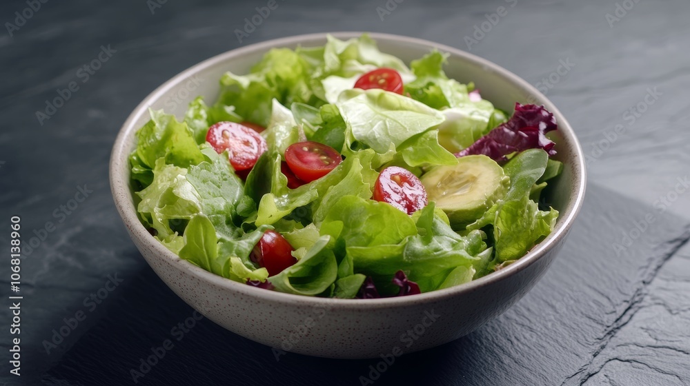 Healthy salad in modrn ceramic bowl on dark slate table Healthy salad in modrn ceramic bowl on dark slate table