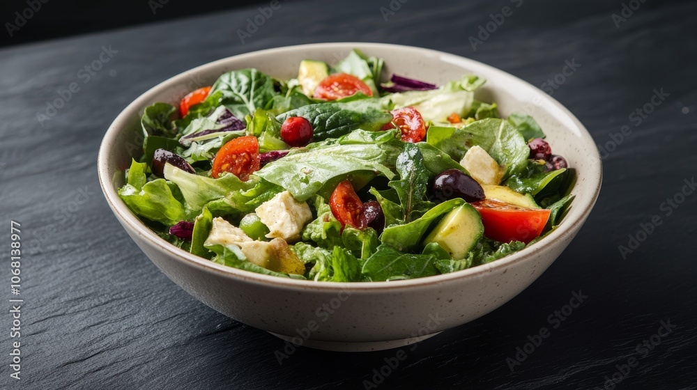 Healthy salad in modrn ceramic bowl on dark slate table Healthy salad in modrn ceramic bowl on dark slate table