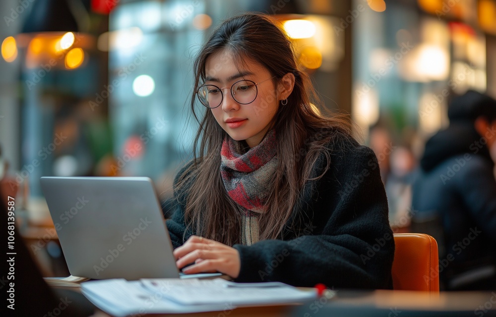 A young lady working in a cafe while completing papers and using a laptop A young lady working in a cafe while completing papers and using a laptop