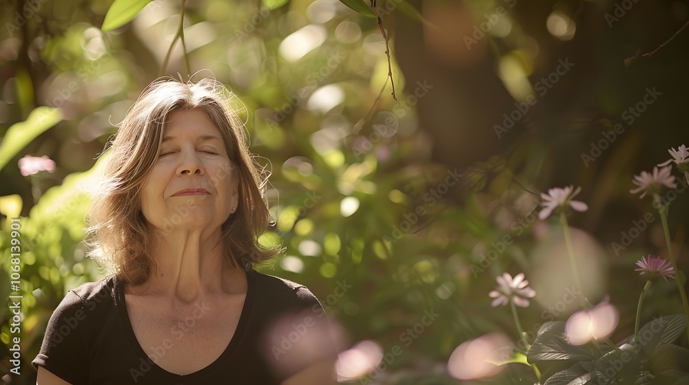 Middle-aged woman practicing yoga in a tranquil garden, surrounded by blooming flowers and lush greenery. Meditation,health, zen,harmony, well-being,healing, rejuvenation Middle-aged woman practicing yoga in a tranquil garden, surrounded by blooming flowers and lush greenery. Meditation,health, zen,harmony, well-being,healing, rejuvenation