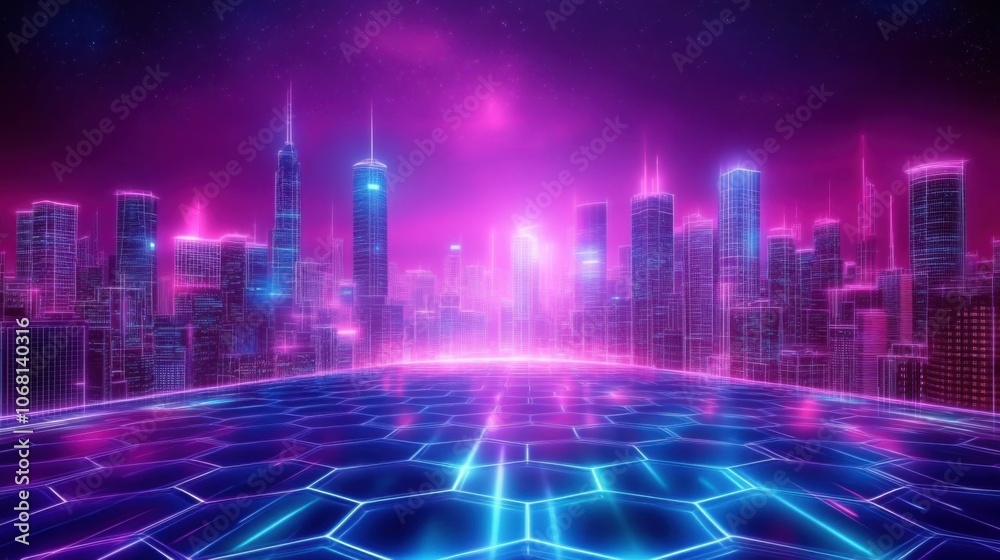 Bright Neon Digital Metropolis with Wireframe Design Bright Neon Digital Metropolis with Wireframe Design