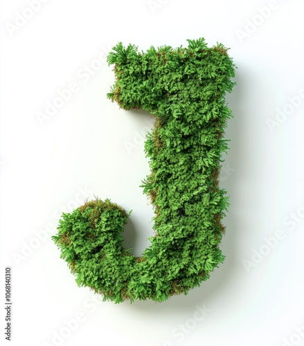 English letter J of the latin alphabet made from green stabilized moss isolated on white background. Capital letters made from green moss or grass. Eco nature design element